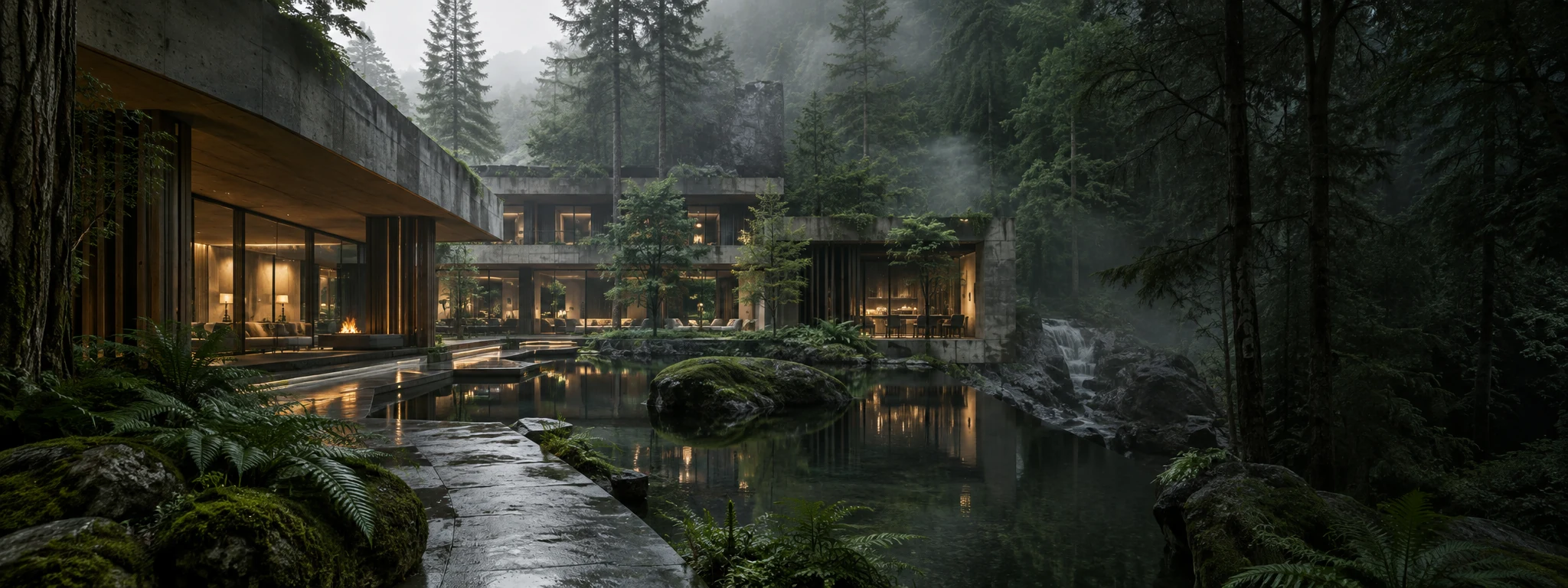 Modern concrete and timber hotel among misty forest trees beside a reflecting pool